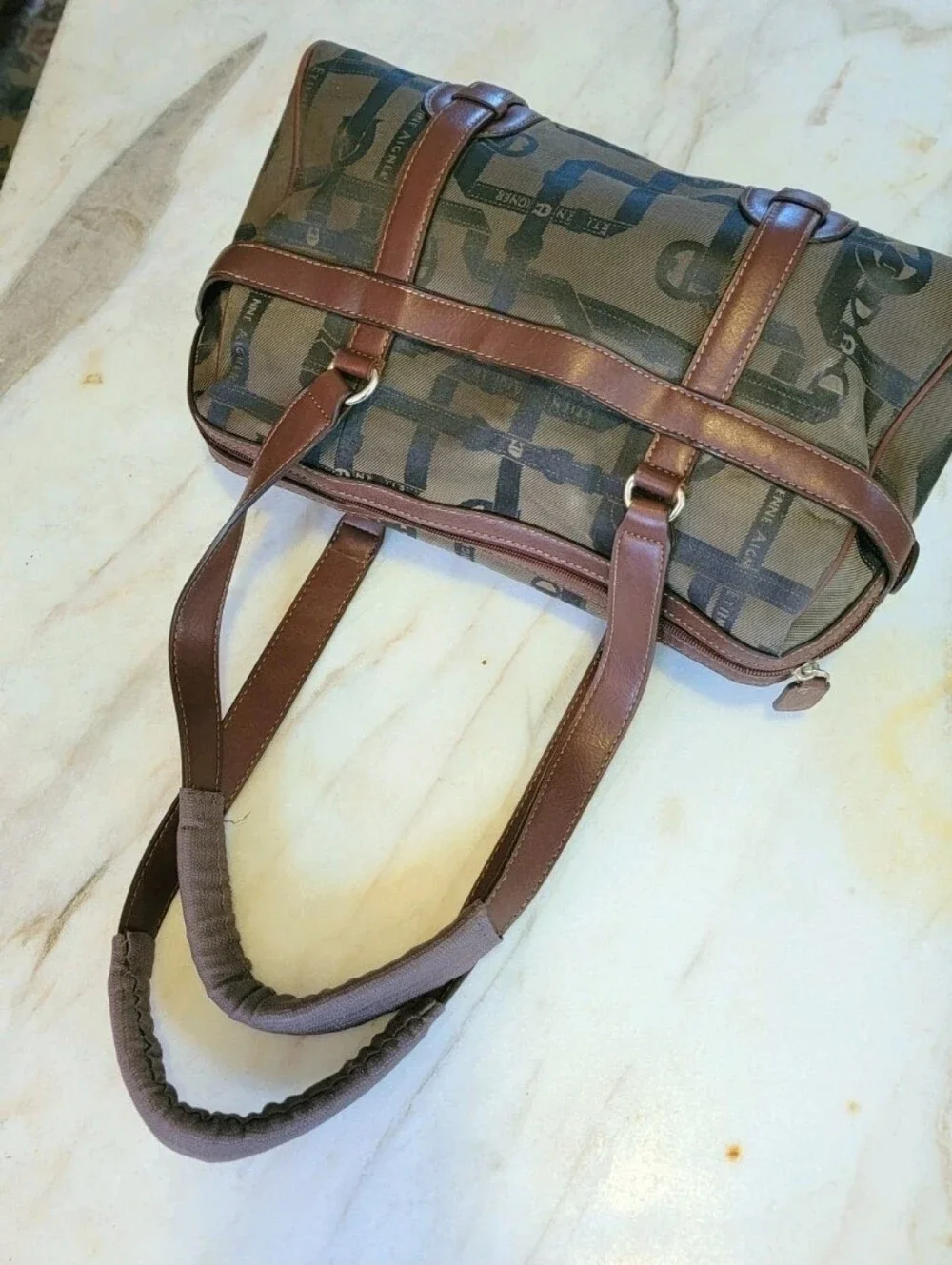 Etienne Aigner Signature Monogram Canvas Satchel Bag | Brown Trim | Gold